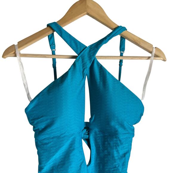 Becca Vibes Tessa Texture Crossover High Neck One-Piece Swimsuit Gulf Blue Small - Picture 4 of 10